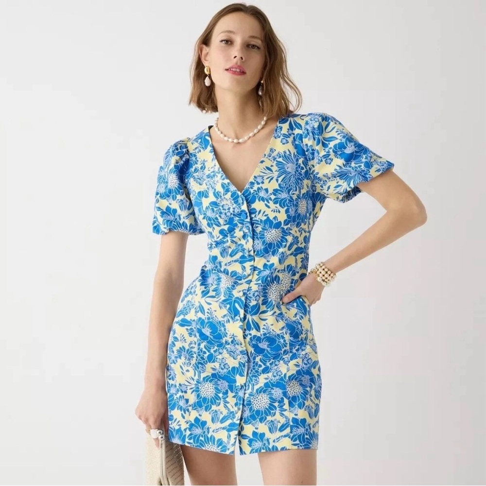 J Crew Button front Puff Sleeve Mini Dress Blue Floral Twill size 10